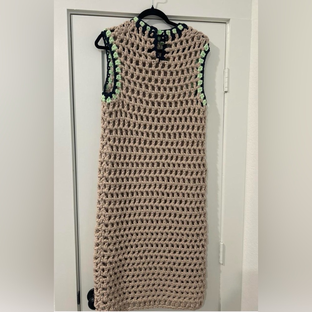UGG Beige Crochet Sleeveless Kids Dress with Neon Green Trim